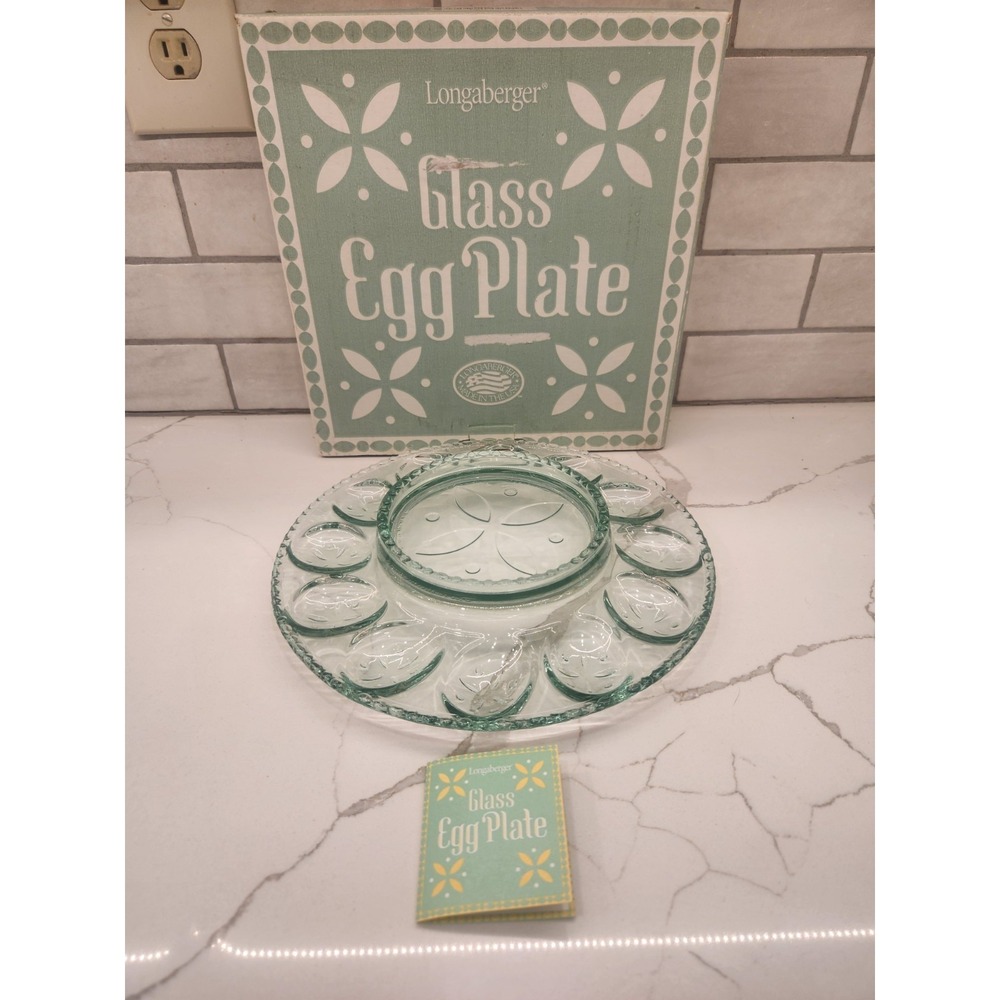 Vintage 2000 Longaberger Glass Egg Plate #35670 Green Glass Deviled Egg Platter